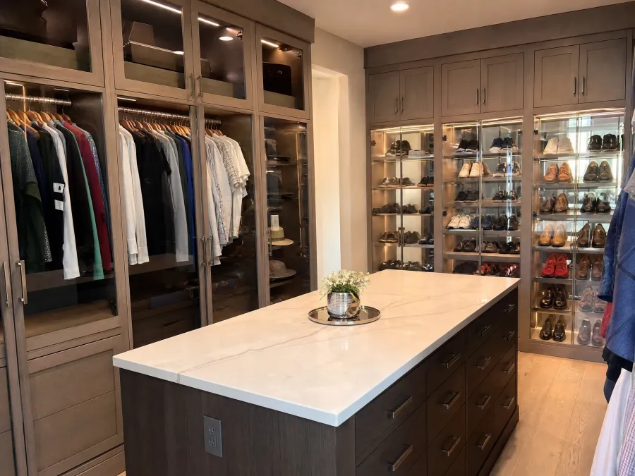 Walk-in closet system with a center island and glass-front shoe wall, by Desert Forge Cabinets