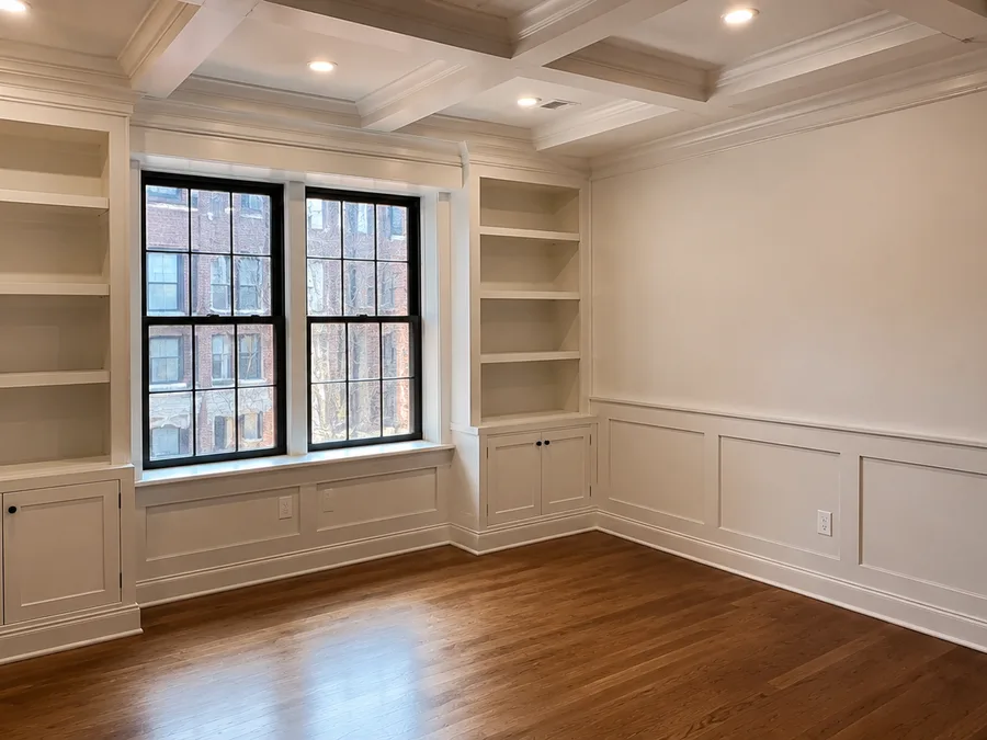 Study with wainscoting, built-in bookcases and a coffered ceiling, by Desert Forge Cabinets