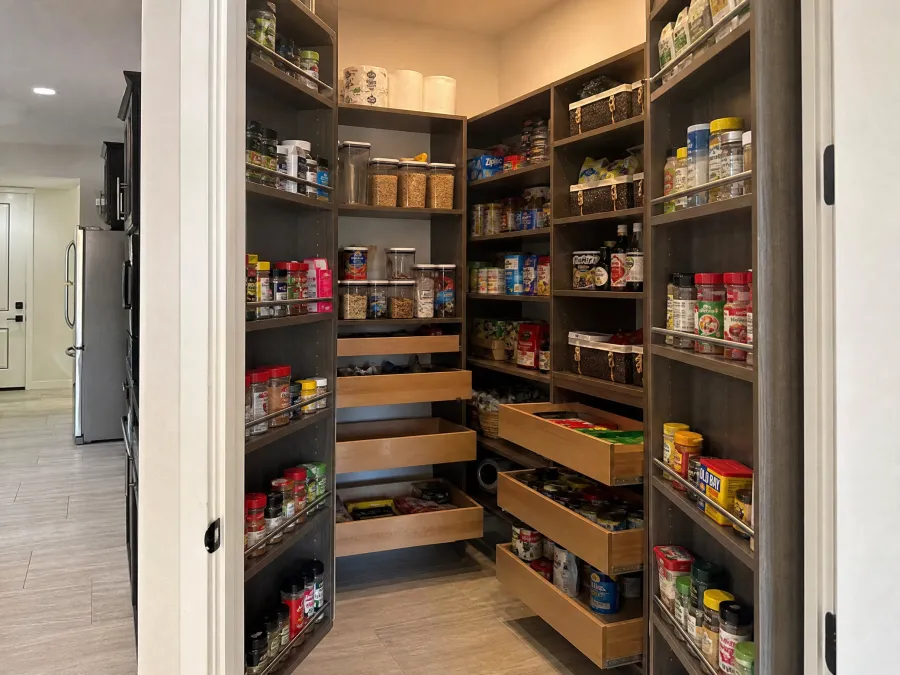 Walk-in pantry with custom pull-out drawers and shelving by Desert Forge Cabinets